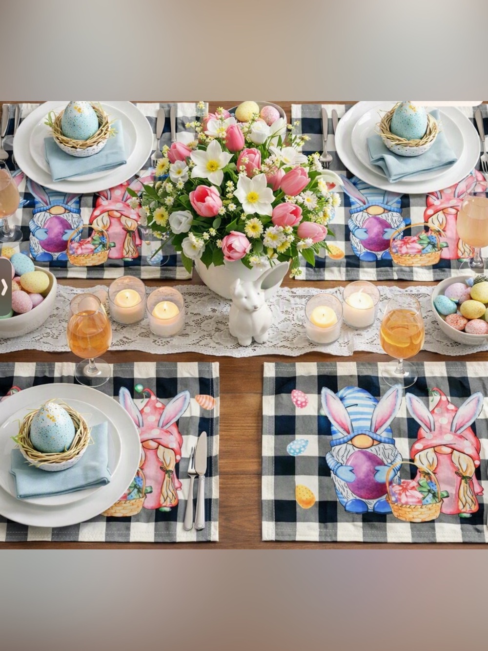 Farmhouse/Boho Gnome Easter/Spring Placemats in Black/White Check Set of 4